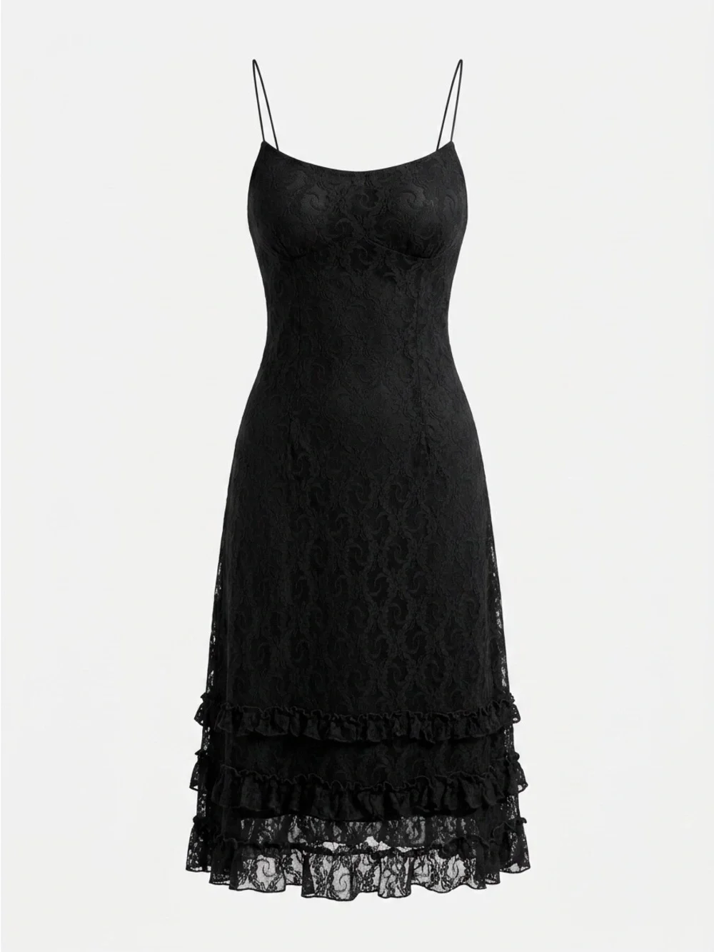 Ralph Lauren Black Lace Slip Dress with Ruffle Tiers